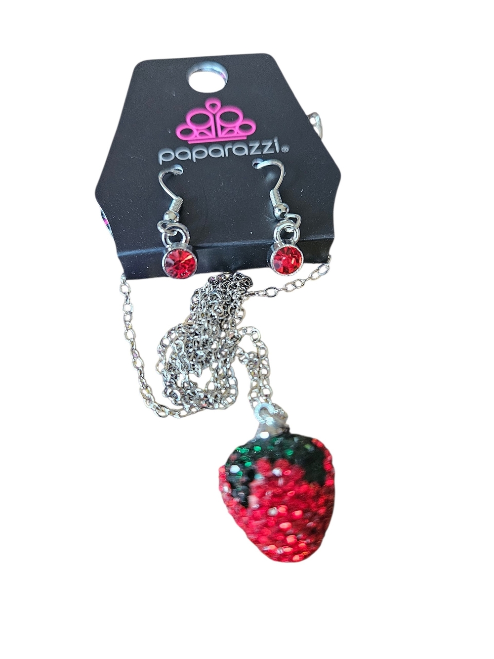 paparazzi Red and Green Sparkle Strawberry Necklace & Earrings NWT